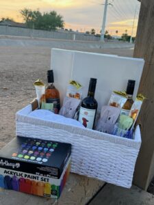 Paint and Sip Night: 3 Bottles of PetReserve Wine (Red, White and Rose), 4 wine glasses, 4 canvas, painting set