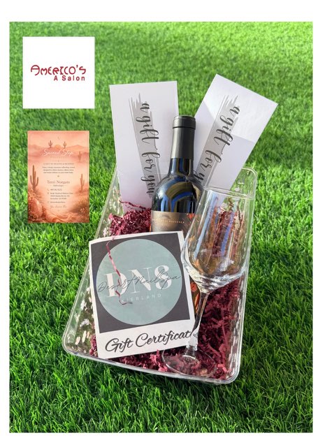 Pamper Yourself Basket: $50 gift card to Hair by Angela at Americo's Salon, $30 skin care service gift card at Americo's Salon, Desert Nails Spa gift card, 75 min reflexology treatment, bottle of wine, wine glass