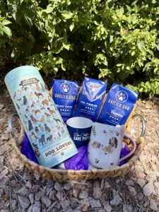 Shelter Dog Coffee Basket: 3 different shelter dog coffee roasts, 2 coffee cups, a dog breed puzzle
