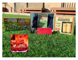 Family Day Basket: 2 all-day passes to Altitude Trampoline Park, Gift Certificate to Mrs. Chickens, Throw Throw Burrito game, Lego set, and a book