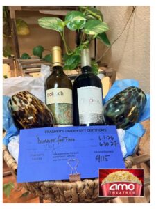 Date Night Basket: dinner for two at Frasher's Tavern, movie tickets and a bottle of wine